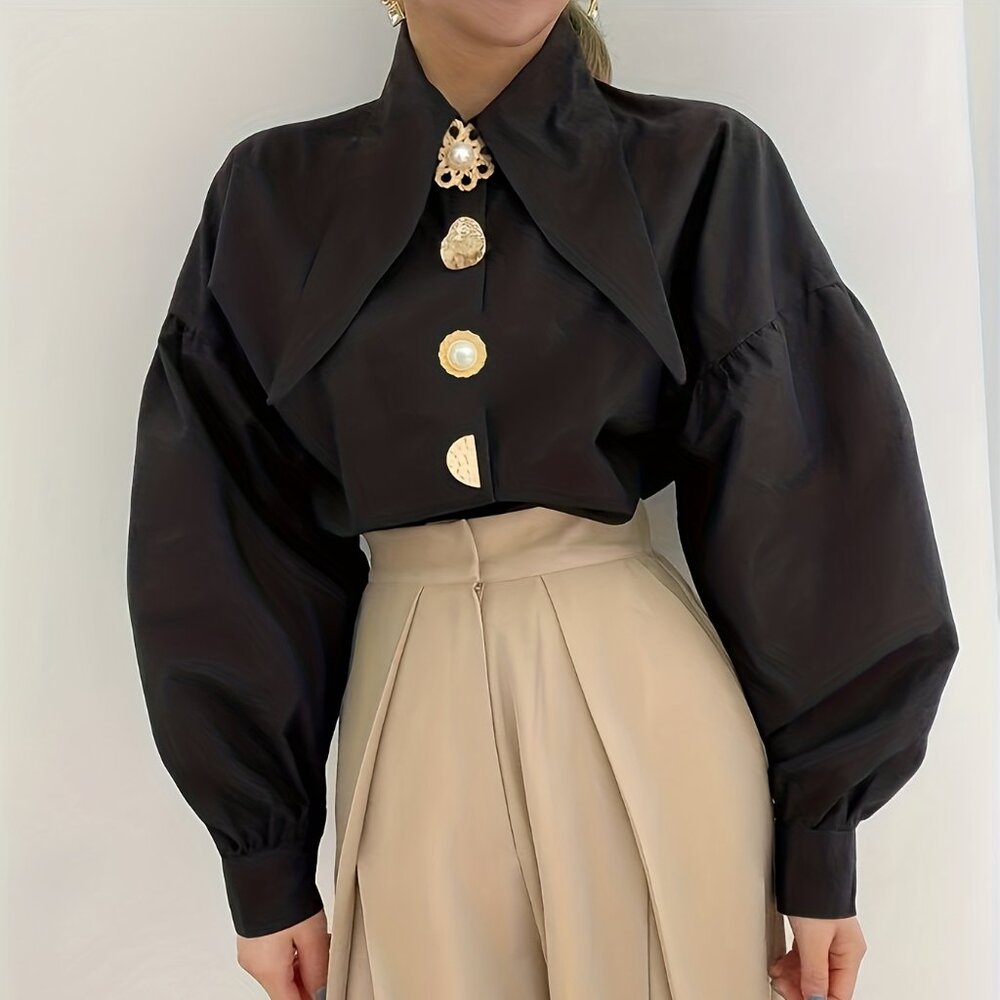 Black Vintage Statement Blouse with Gold Button Detail | Elegant Long Sleeve